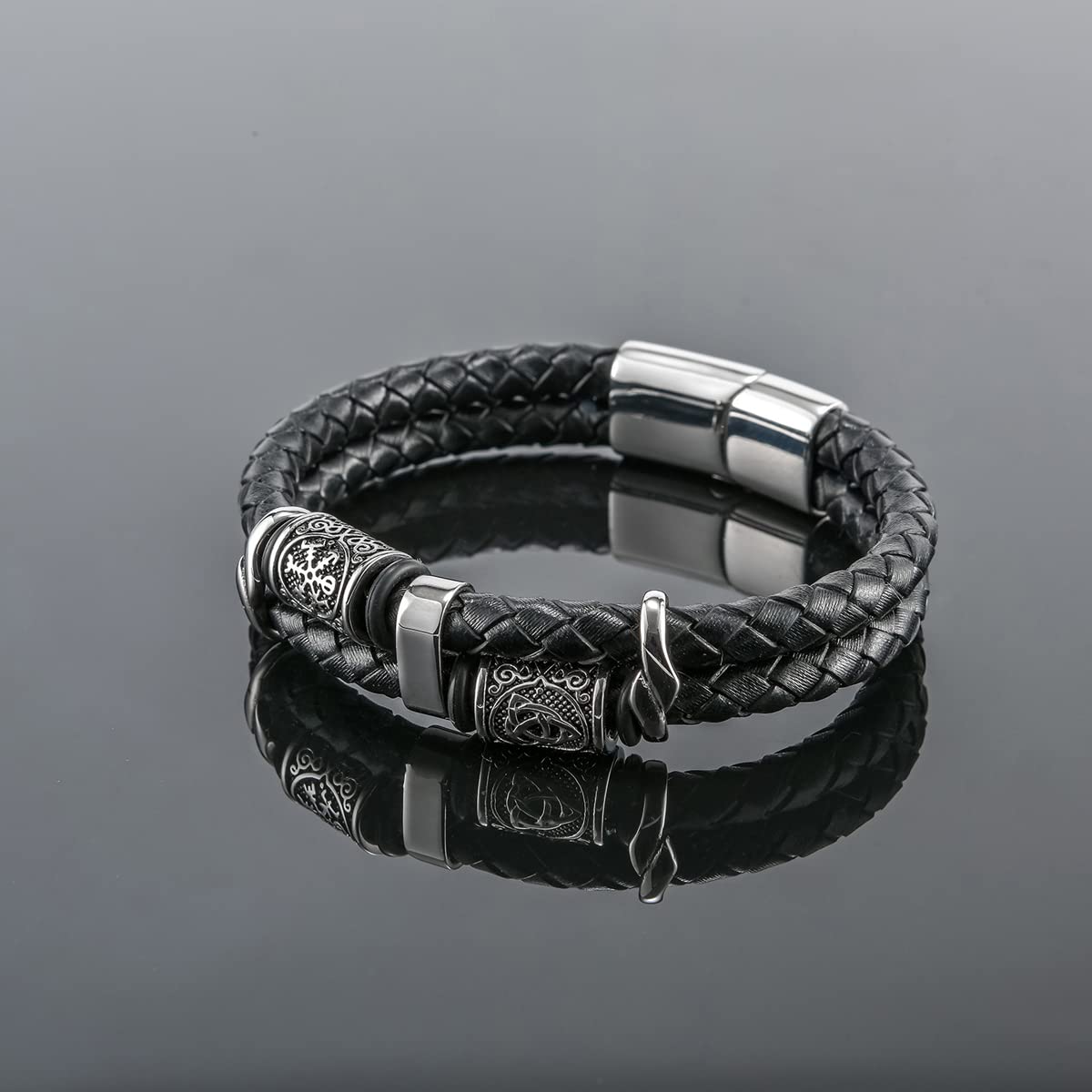 Pulsera De Cuero Casual para Hombres Multicapa Trenzada Brazalete Personalizado, Regalo para Navidad, Cumpleaños, Boda, Aniversario, Día del Padre - Juego De 2,Negro