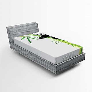 Lunarable Panda Fitted Sheet, Young Panda Hang on Bamboo Tree Forest Wild Nature Tropic Environment Cartoon, Soft Decorative Fabric Bedding All-Round Elastic Pocket, Twin Size, White Green