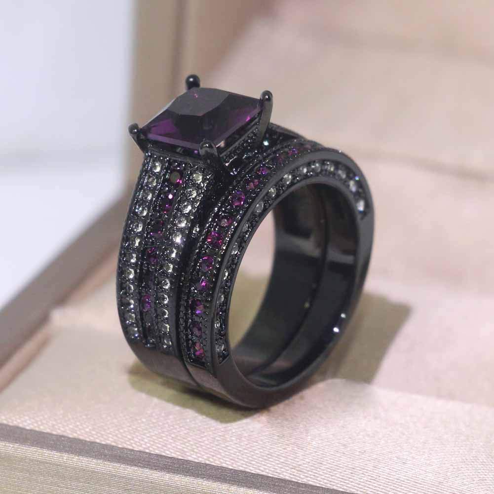 Conjuntos nupciales de lujo chapados en oro negro para mujer, conjuntos de anillos de boda de corte princesa de 0.315 in de circonita azul, Metal Cristal rhinestone, Zirconia cúbica 4