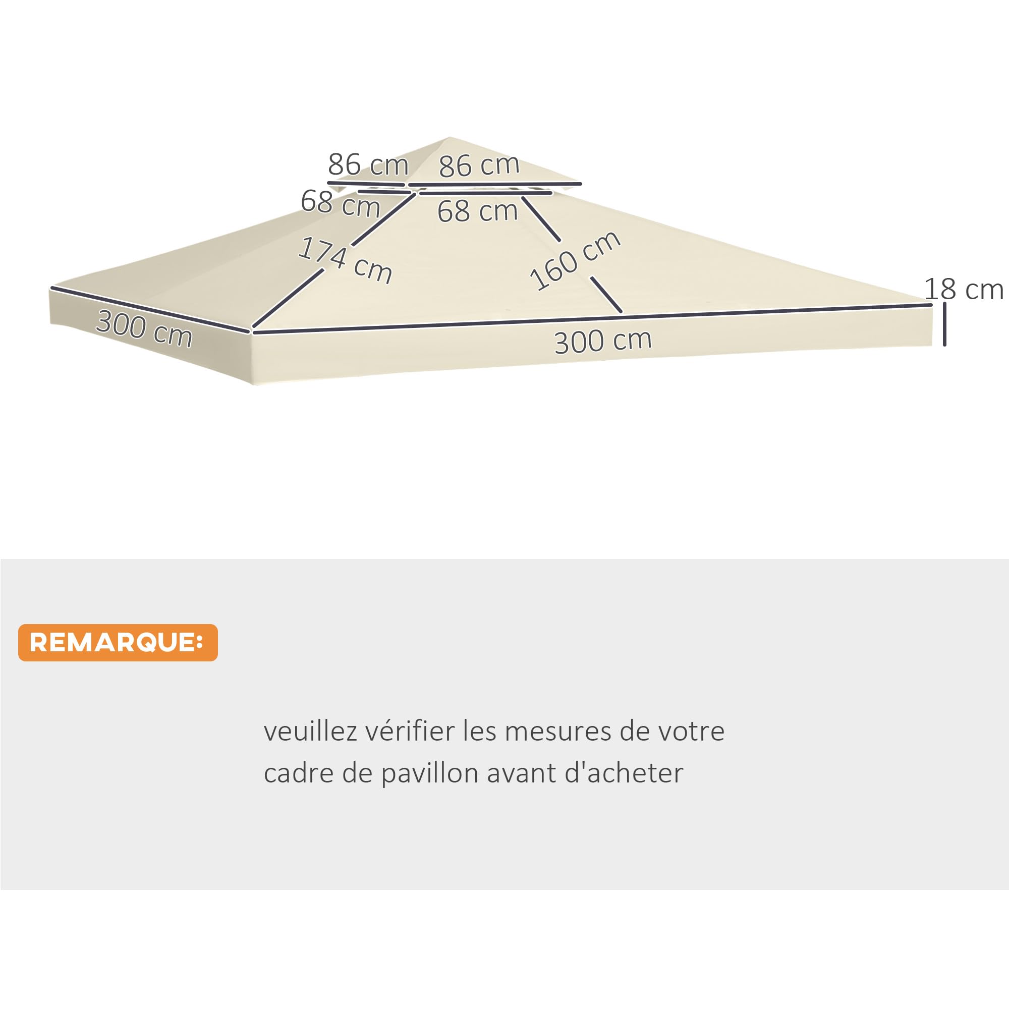 HOMCOM Outsunny Toit de Remplacement pour Gazebo de Jardin Toile de Rechange pour pavillon tonnelle Tente 3 x 3 m Crème