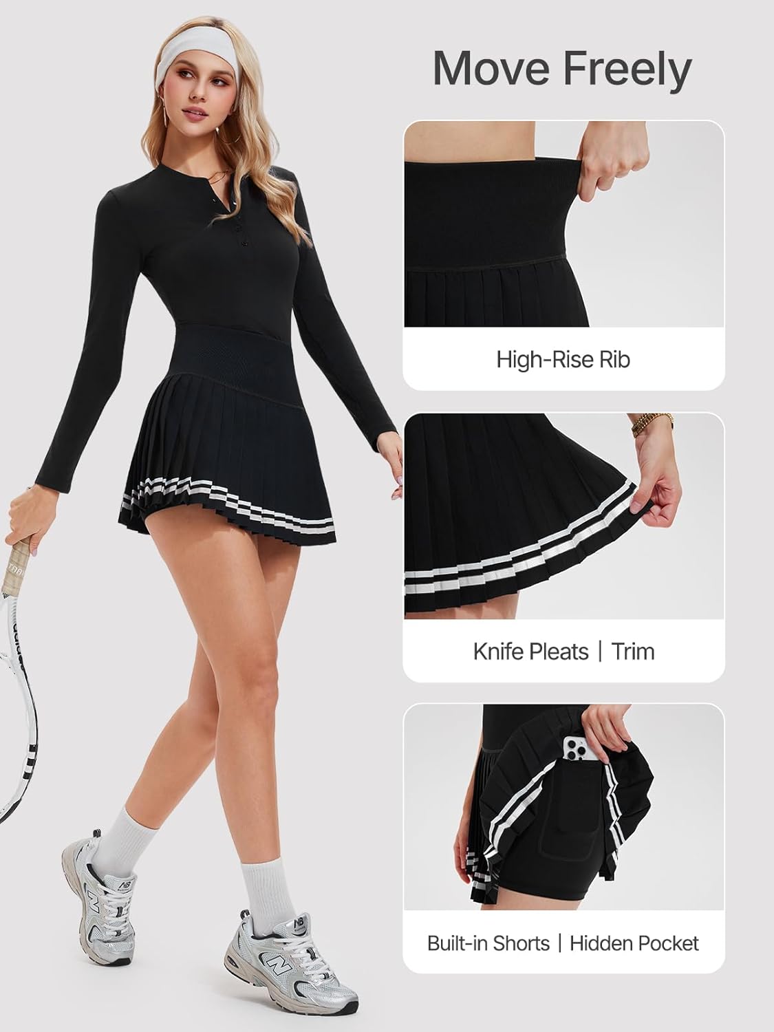 Women's Tennis Skirt Set 2 Piece Long Sleeve Henley & Pleated Skort - Pickleball Outfits, Athletic Dress Alternative - Image 3