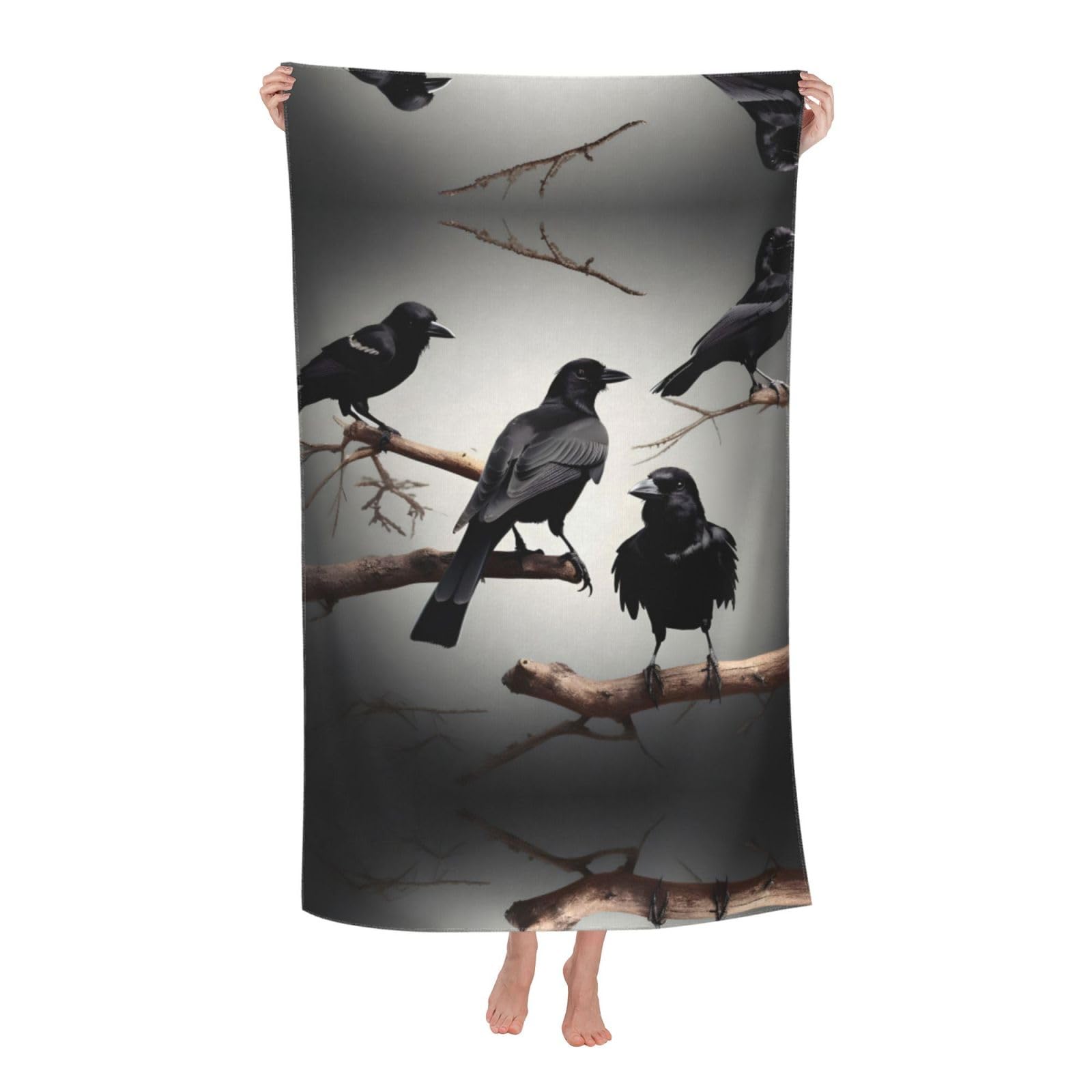 Oazcvbnn Women's White Black Crow Birds On A Branch Print Adult Beach Towel Summer Travel Pool Vacation Swimming Fitness Outdoor Adventures