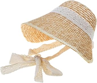 Women French Vintage Lolita Style Straw Sun Bonnet with Lace Ribbon, DIY Customizable Beach Sun Hat for Outdoor Activities, Gardening Khaki