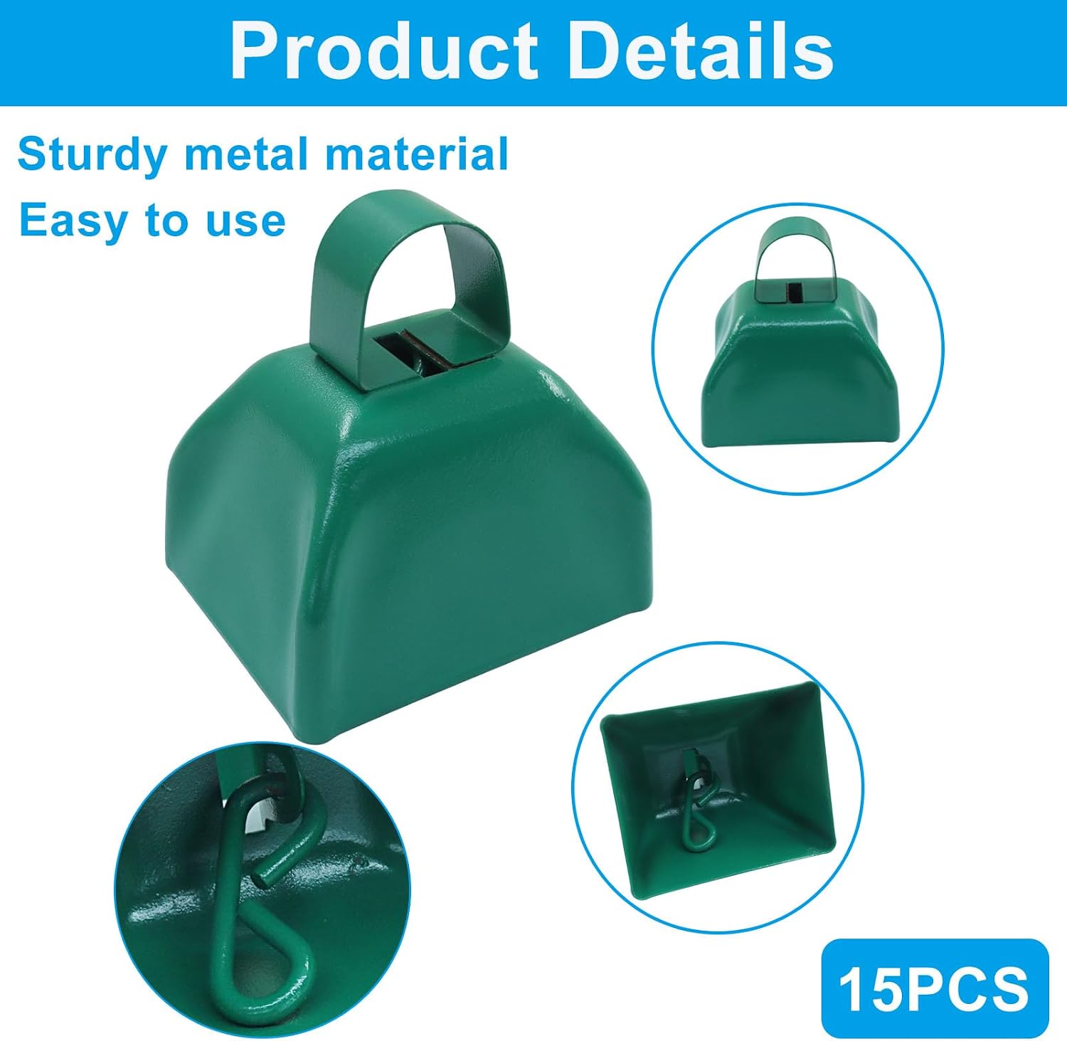 15 Pack 3 Inch Green Metal Cowbells -Cowbells Noise Makers Hand Percussion Cow Bells Loud Cowbells with Handle for Sports Games,Weddings and Parties