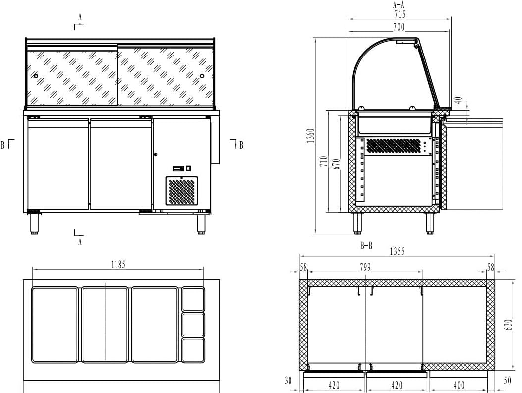 Side view and dimensions of CombiSteel Refrigerated Saladette Workstation Model 7950.0422