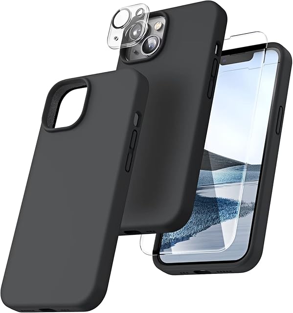TOCOL 5 in 1 for iPhone 14 Case, with 2 Pack Tempered Glass Screen Protector + 2 Pack Camera Lens Protector, Liquid Silicone Slim Shockproof Cover [Anti-Scratch] [Drop Protection] 6.1", Space Black
