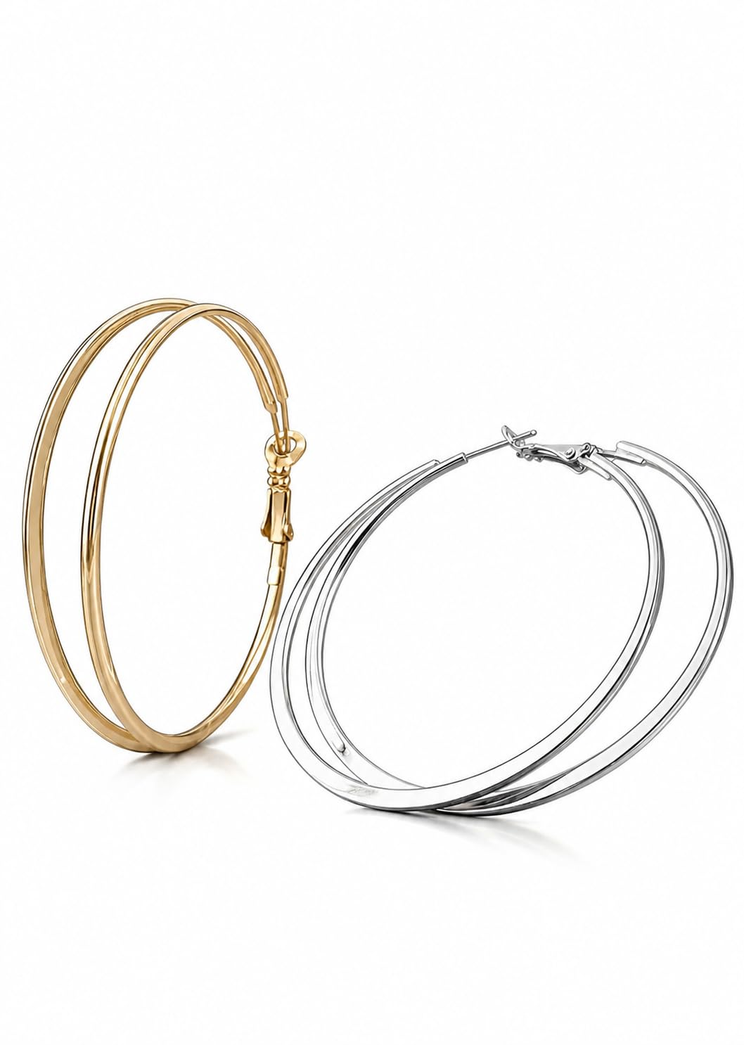 Large Hoop Earrings, Gold and Silver Tone, Set of 2 Pairs, Smooth Finish, Classic Style-picture-52