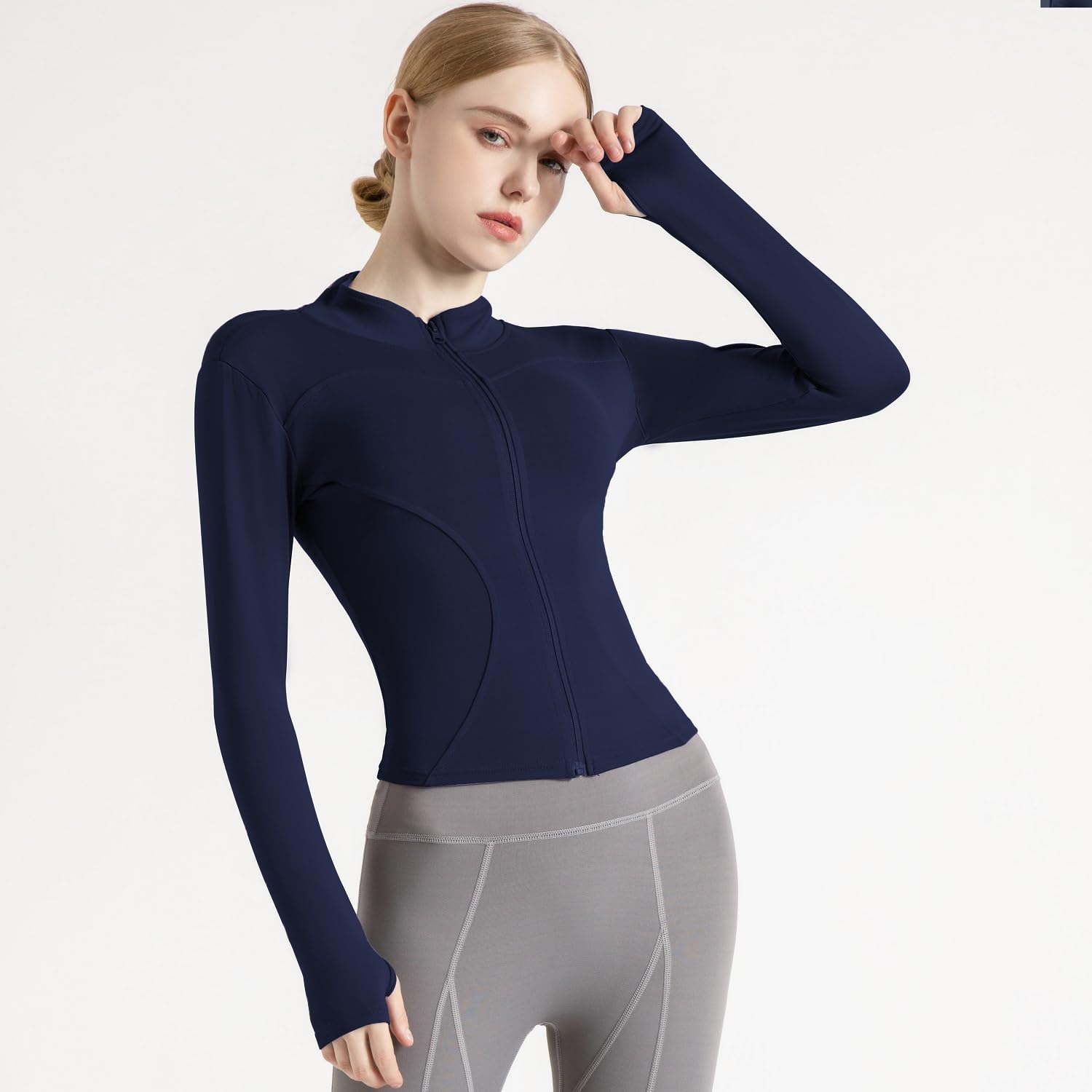 Chaquetas cortas ligeras y elásticas para correr para mujer, con cremallera completa, ajustadas, con agujeros para el pulgar