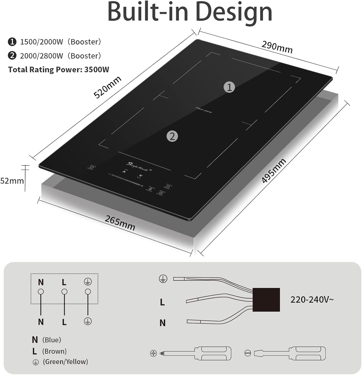 Piano cottura induzione 2 Fuochi, piano cottura a induzione 30 cm incasso, flex zone, Basso rumore, con Serrature per bambini, Timer, Molteplici funzioni di sicurezza 3500W