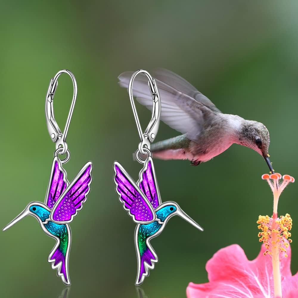 Hummingbird Earrings for Women Sterling Silver Blue Purple Hummingbird Gifts for Women Dangle Earrings Memorial Jewelry Bird for Birthday Christmas - Image 7