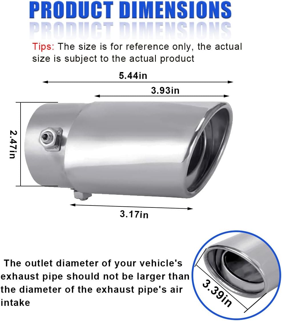 Stainless Steel Car Exhaust Tip, 2.5" Inlet 3.4" Outlet Chrome Tail Throat Pipe Exhaust Muffler Pipe Tip Fit 1.5"- 2.25" Diameter Pipes, Exhaust Tailpipe Car Modification Accessory (Straight)