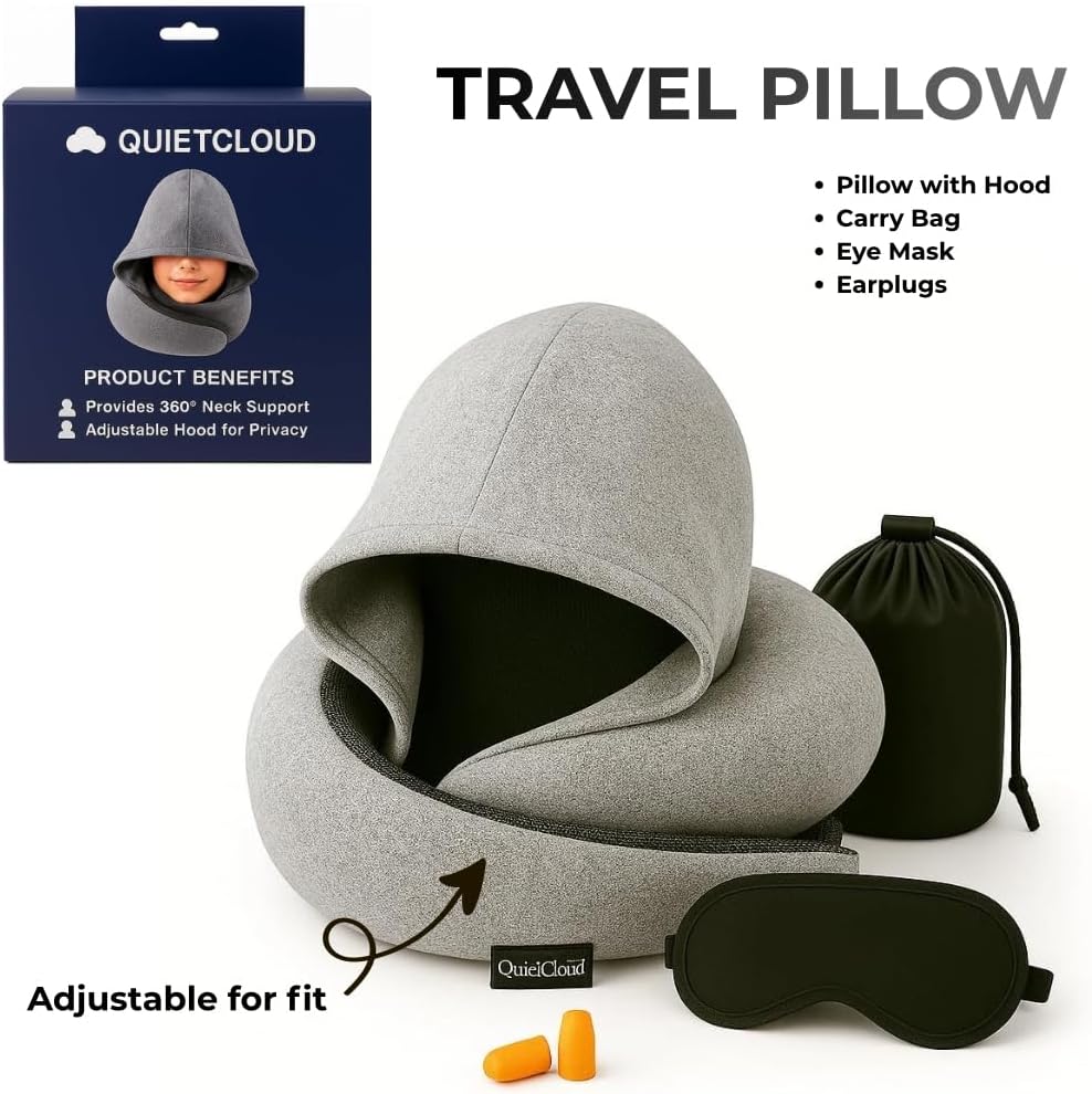 Travel Neck Pillow Hooded Memory Foam 360° Head & Chin Support, Lightweight Breathable Adjustable Fit Travel Neck Pillow with Eye Mask, Earplugs & Carry Bag for Airplanes, Car, Bus, Train & Long Trips