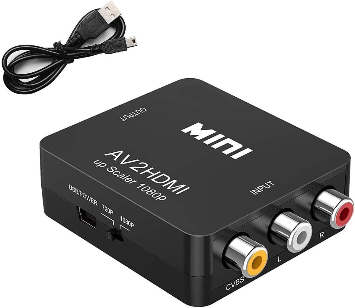 – RCA to HDMI Adapter, CAIFU AV to HDMI Converter, 1080p to HDMI CVBS AV Composite Video Audio Adapter with USB Charge Cable for PC Laptop Mini Xbox PS2 PS3 TV STB VHS VCR Camera DVD