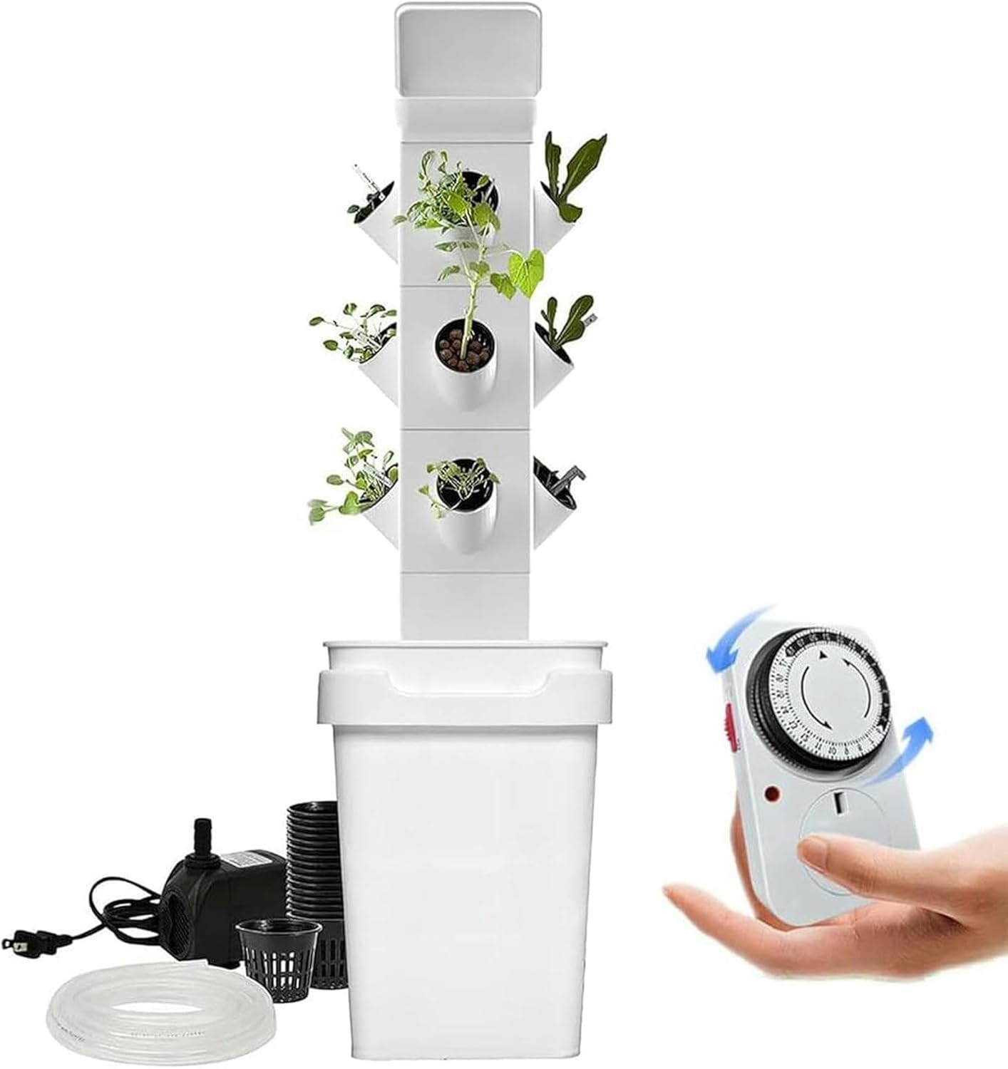 Hydroponics Growing System 24 Pods Vertical Hydroponics Tower Smart Garden Planter Germination Kit Aeroponics Growing Kit with Hydrating Pump, Adapter, Net Pots, Timer/1pc