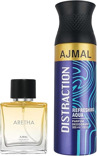AJMAL Unisex Aretha Edp For Women 100Ml & Distraction Citrus Spray Deodorant For Men & Women 200Ml Combo Pack Of 2 (Total 300Ml)
