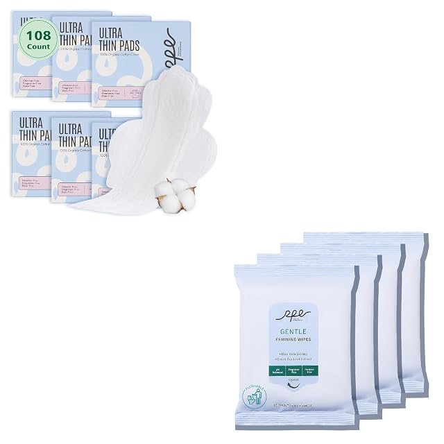 Organic Feminine Care Bundle Large pH-Balanced Wipes Ultra-Thin Absorbent Sanitary Pads for Women 10ct Wipes Regular Size 3