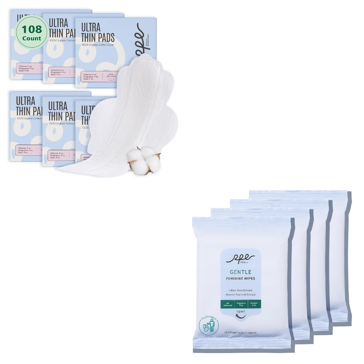 Organic Feminine Care Bundle Large pH-Balanced Wipes Ultra-Thin Absorbent Sanitary Pads for Women 10ct Wipes Regular Size 3