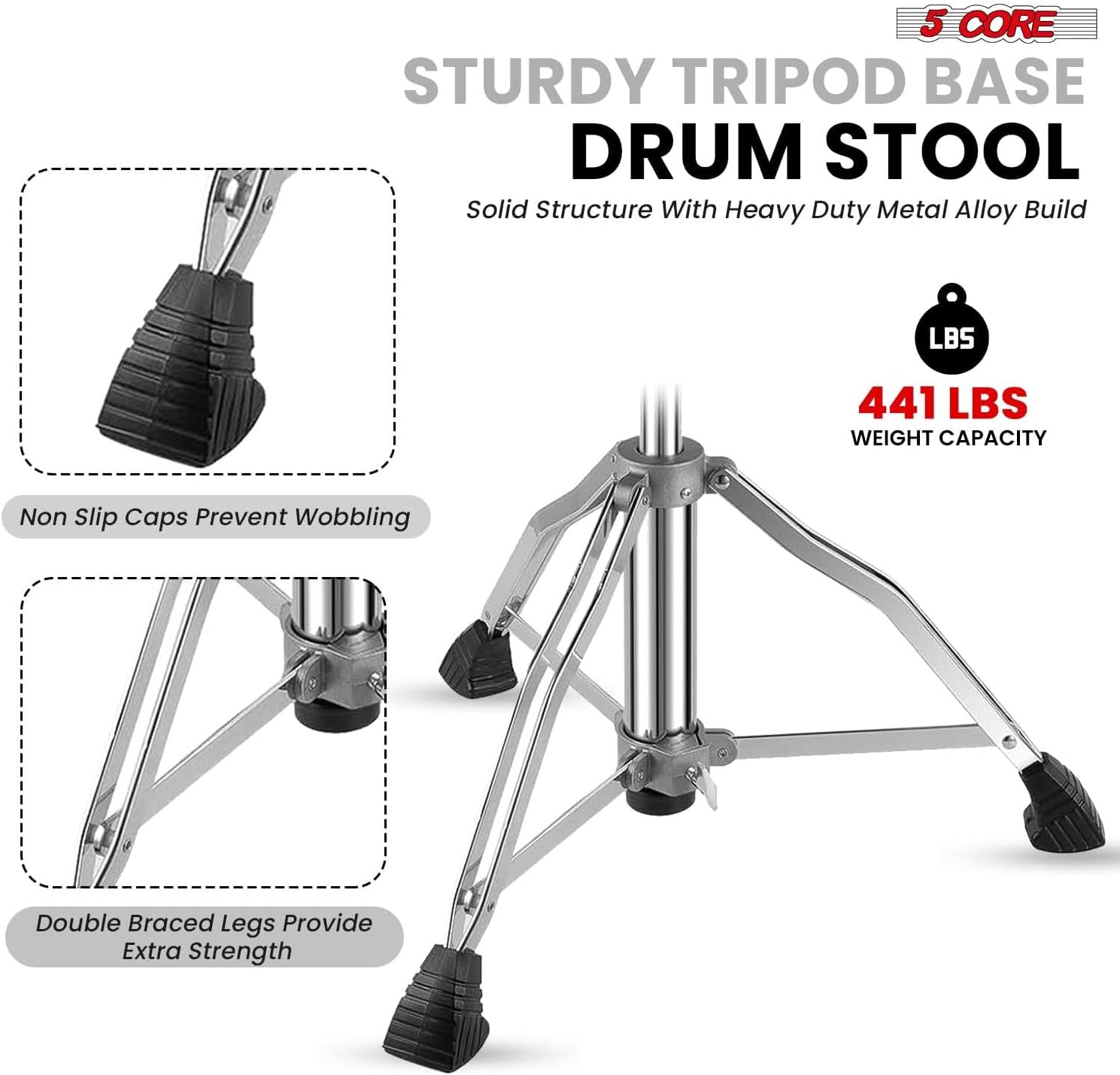 5 CORE Drum Throne w Backrest 4" Padded Stool Airlift Adjustable 24.5" Drummer Chair w Ergonomic Motorcycle Seat Leather Top Heavy Duty 441Lb Capacity