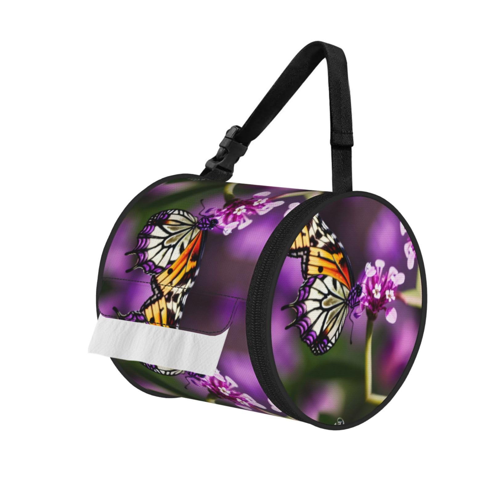 Jiuty Black Purple Plum Butterfly Print Cylinder Tissue Organizer Bag With Strap, Portable Toilet Roll Holder For Camping Car