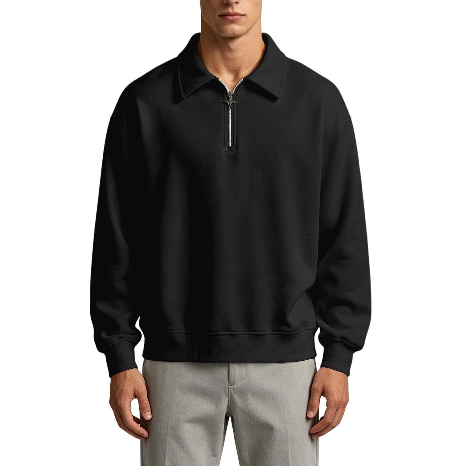 Sweat Demi-Zip Homme Col Polo Uni Manches Longues Design Casual et Urbain
