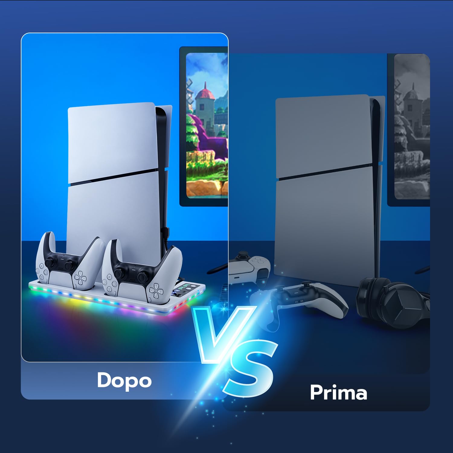 Verticale Supporto con Raffreddamento e Ricarica per PS5/PS5 Pro/PS5 Slim, Ventola 3 Livelli RGB