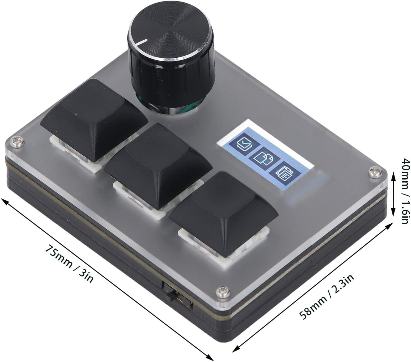 The Fockety 3-Key Wired Custom Keyboard with dimensions labeled: 75mm (3in) length, 58mm (2.3in) width, and 40mm (1.6in) height.