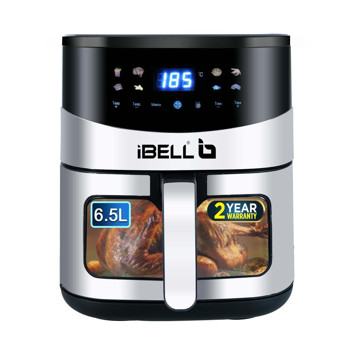 iBELL AF650MN Air Fryer 6.5 Litre, 1600W, 8 Cooking Presets, Detachable Fryer Basket, Smart Rapid Air Technology, Timer Function, Auto-off & Adjustable Temperature Control (Black) iBELL AF650MN Air Fryer 6.5 Litre, 1600W, 8 Cooking Presets, Detachable Fryer Basket, Smart Rapid Air Technology, Timer Function, Auto-off & Adjustable Temperature Control (Black)
