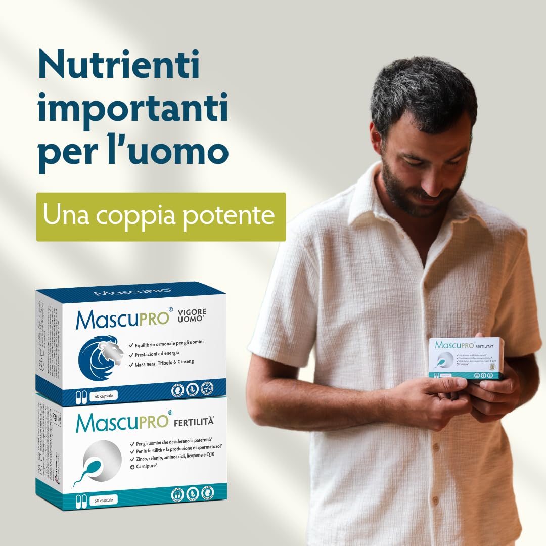 MascuPRO® Fertilità Uomo - Produzione di spermatozoi - vegano - 60 capsule per la fertilità maschile - L-carnitina, Zinco