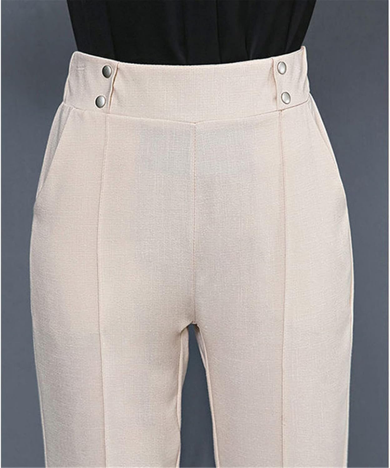 Kelsiop Women's Summer Button Appliqué Fashion Versatile Elastic High Waist Straight Cropped Pants