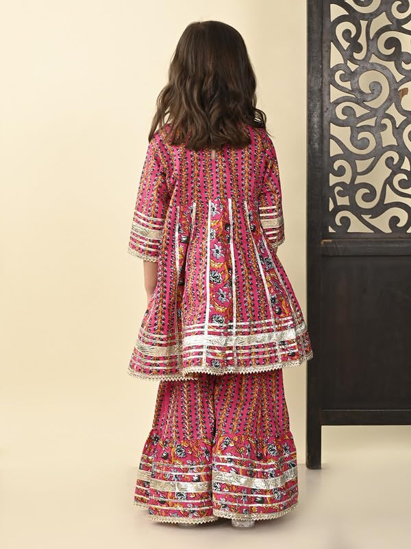 Image of superminis Girls Cotton Floral Printed Gotta Work 3 /4 Sleeves Flared Design Kurti & Sharara Set