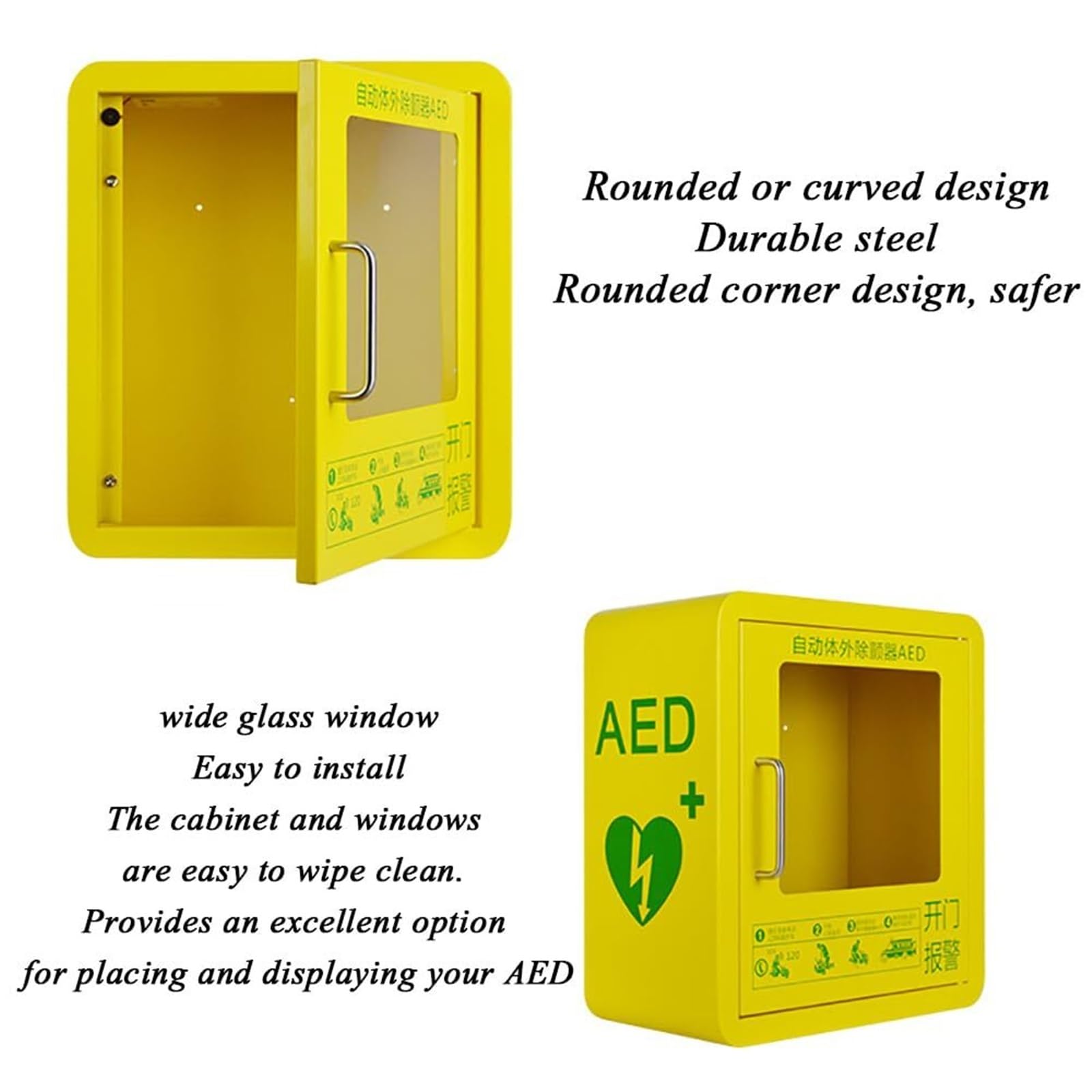Gabinete de almacenamiento para desfibrilador DEA: caja de alarma montada en la pared para áreas públicas de la oficina en el hogar, ventana de vidrio transparente y diseño de esquinas redondeadas