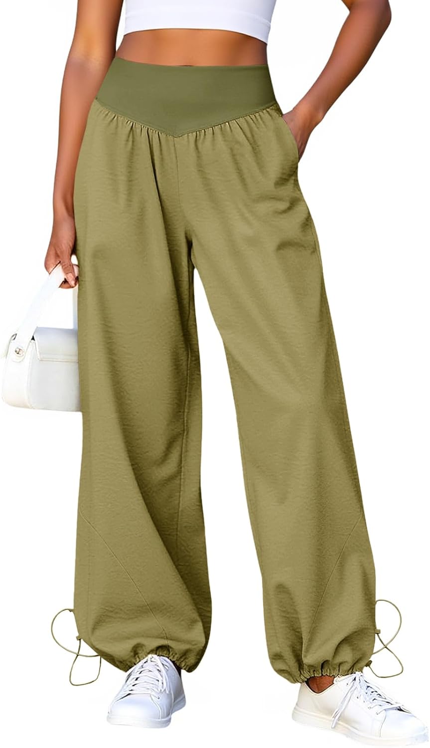 Fisoew Womens Wide Leg Pants Casual High Waist Baggy Track Pants Loose Fit Drawstring Cuffs Lounge Pant with Pockets