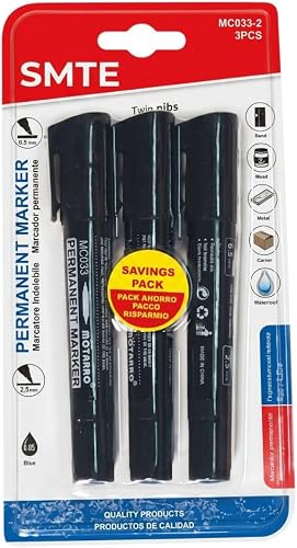 SMTE MC033-2 Dual Tip Permanent Markers Black, 3-Piece Pack with Chisel (6.5mm) and Bullet (2.5mm) Waterproof Ink for Metal, Plastic, Wood, and Carton
