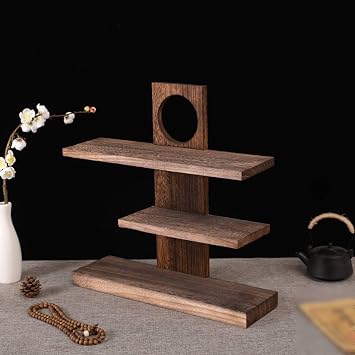 Multi-Tier Tea Set Display Rack Solid Wood Chinese Style Curio Shelf Strong Load-Bearing Asymmetrical Desktop Bookshelf for Collectors, Office