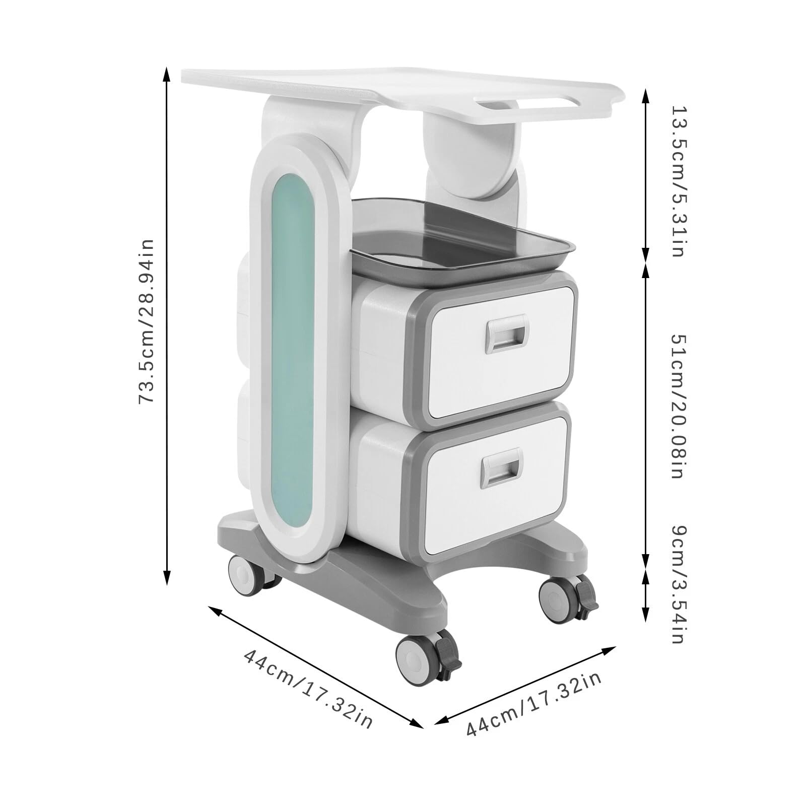 Carrello medico, beauty salon trolley, carrello di servizio su ruote con 2 cassetti, ruote universali, carrello per attrezzi ABS, carrello da lavoro, parrucchiere, carrello cosmetico, portata 60 kg