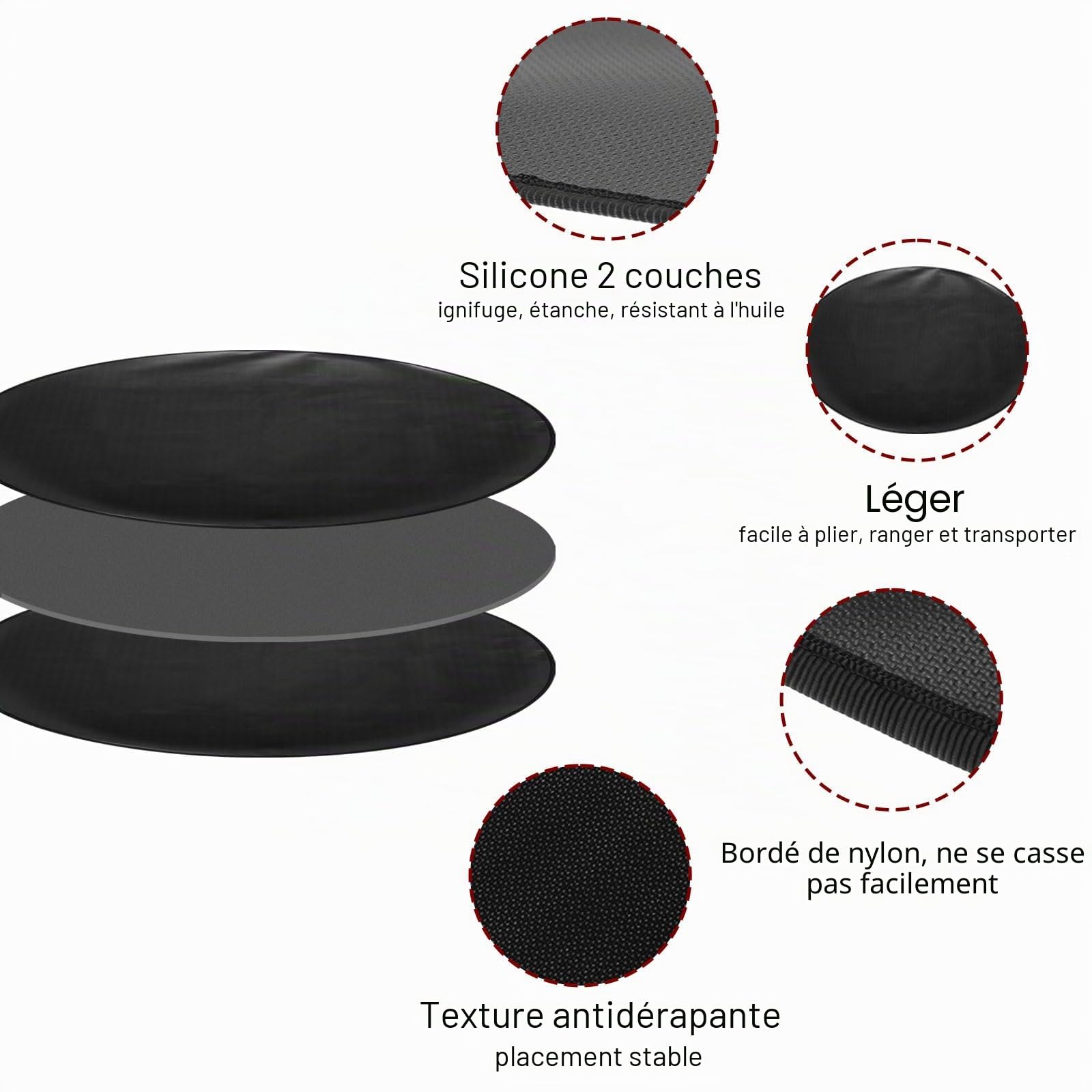 sourcing map Tapis de brasero rond de 150 cm, 2 couches en silicone ignifuge, portable, réutilisable, imperméable, accessoire de barbecue pour barbecue, terrasse, herbe, noir