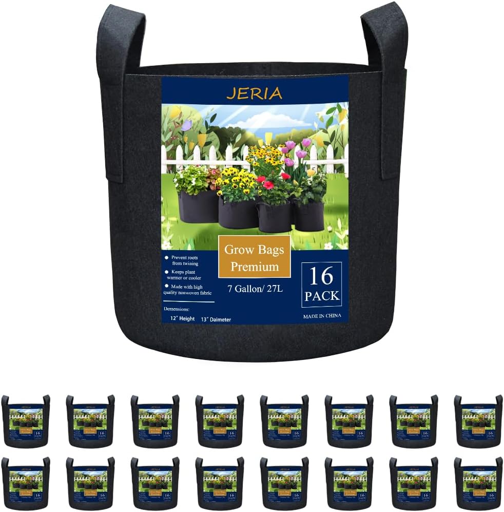 JERIA 16-Pack 7 Gallon Grow Bags, Heavy Duty Thickened Nonwoven Fabric Pots Container with Reinforced Handles, Vegetable/Flower/Plant Grow Pots Come with 16 Pcs Plant Labels 7 Gallons