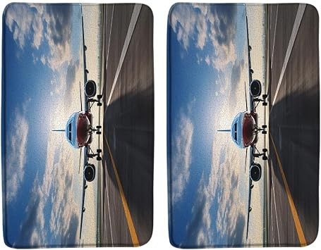2PCS Airplane Bath Mat Set Airport Plane Flying Air Force Runway Travel Holiday Sunrise Modern Military Theme Bathroom Kitchen Floor Mat Doormat Microfiber Home Decoration Rug