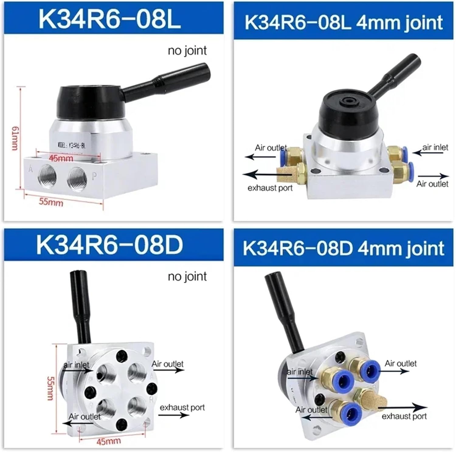 Pneumatic Manual Rotary Valve K34R6-8D/K34R6-8L, Cylinder Toggle Control 3-position 4-way, 1pc(K34R6-08D,4mm joint)