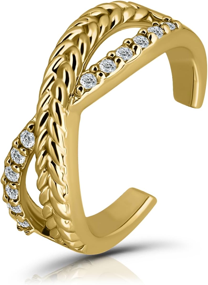 Hoops & Loops 925 Sterling Silver Cubic Zirconia Braided Infinty Toe Ring for Women, Siver, Yellow Gold & Rose Gold