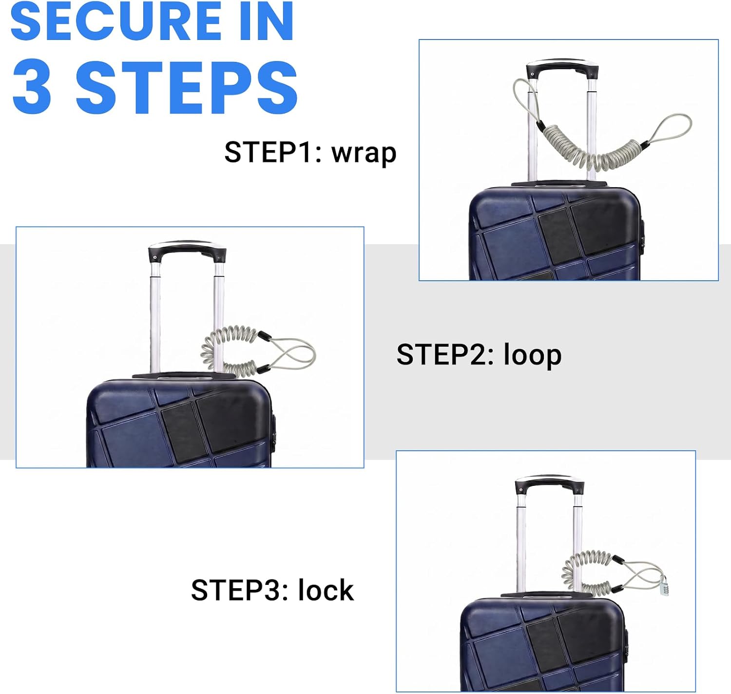 Security Cable Lock 2 Pack, 5FT Self-Coiling Stainless Steel Double Loop Cable, Flexible Anti-Theft Wire for Luggage, Bike, Helmet & Travel Gear (Silver)
