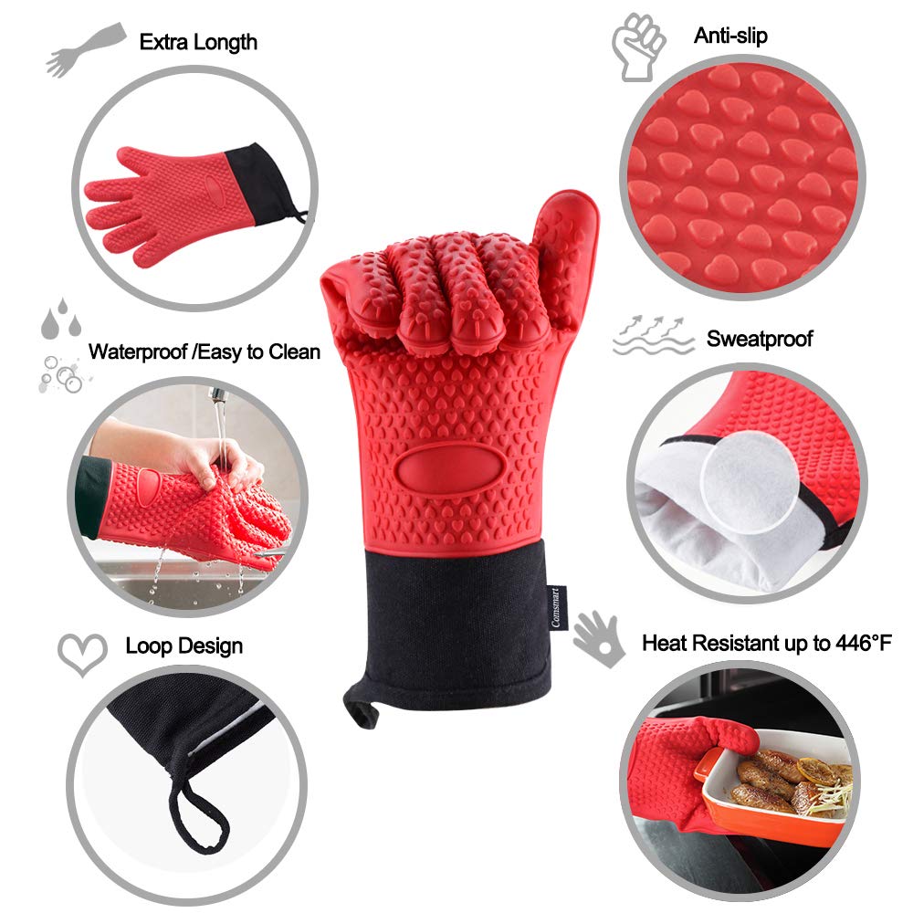 Oven Gloves, Heat Resistant Cooking Gloves Silicone Grilling Gloves Long Waterproof BBQ Kitchen Oven Mitts with Inner Cotton Layer for Barbecue, Cooking, Baking -Red - Image 2 thumbnail