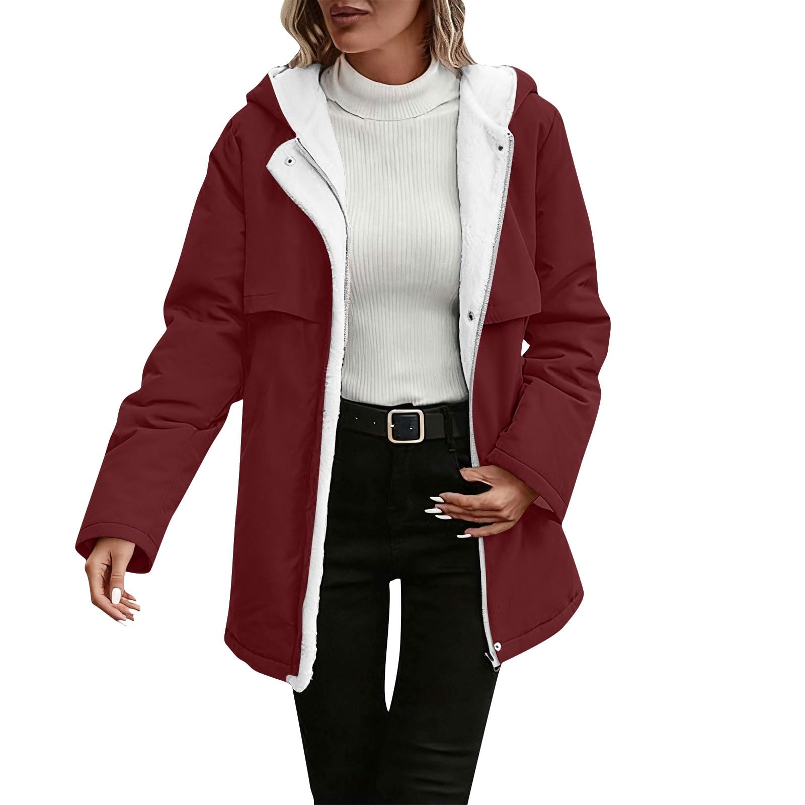 Chaqueta de forro polar para mujer, chaqueta cálida de invierno con cremallera, chaqueta de longitud media con capucha, forro de sherpa, abrigo de manga larga, abrigo de felpa cómoda para exteriores