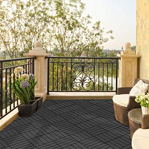 Domi Outdoor Living Patio Deck Tiles, 12 X 12 Inches Composite Interlocking Decking Tile, Four Slat Plastic Outdoor Flooring, 27 Pieces One Pack, Dark Grey #TOP5