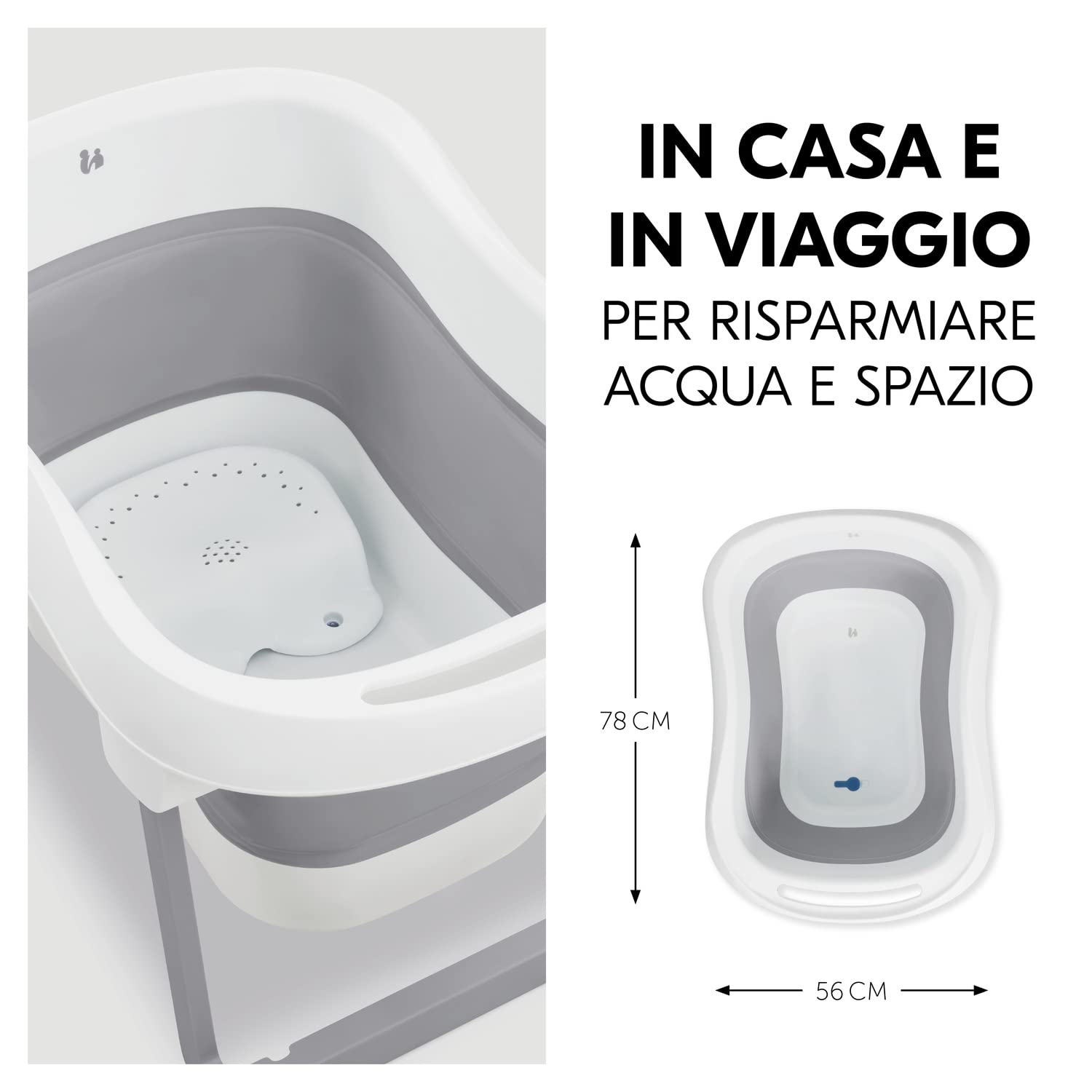 hauck Wash N Fold L, Grigio - Vaschetta Bagnetto Neonato con Sgabello e Tappo Termosensibile - 80 x 56 x 44 cm - Vasca da Bagno dalla Nascita fino a 18 kg - Pieghevole e Portatile