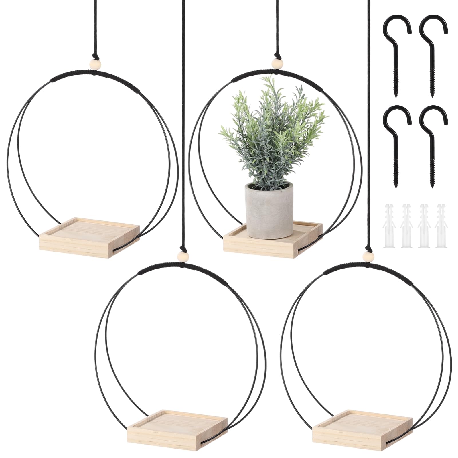Lot de 4 suspensions en métal avec base en bois, support de plantes d'intérieur en macramé avec crochets pour chambre, balcon, jardin