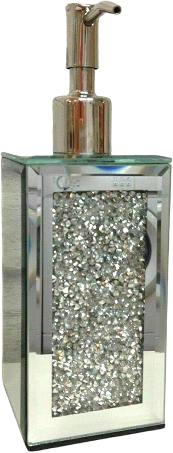 Jayogla Silver Crushed Crystal Diamond Mirrored Glass Soap Dispenser, 18Cm