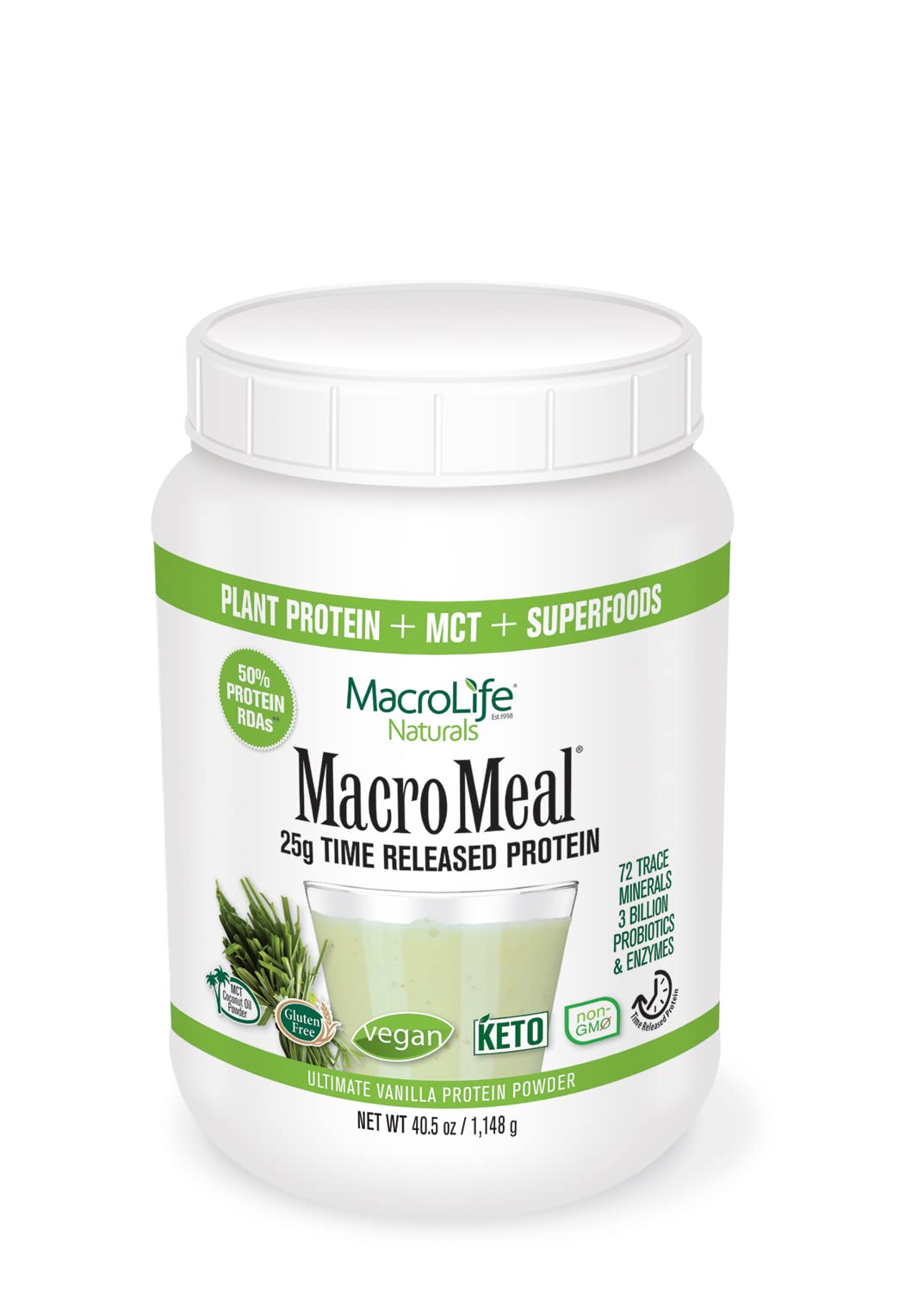 MacroLife Naturals MacroMeal Vegan Vanilla Superfood Supplement Powder Protein + Greens, Probiotics,