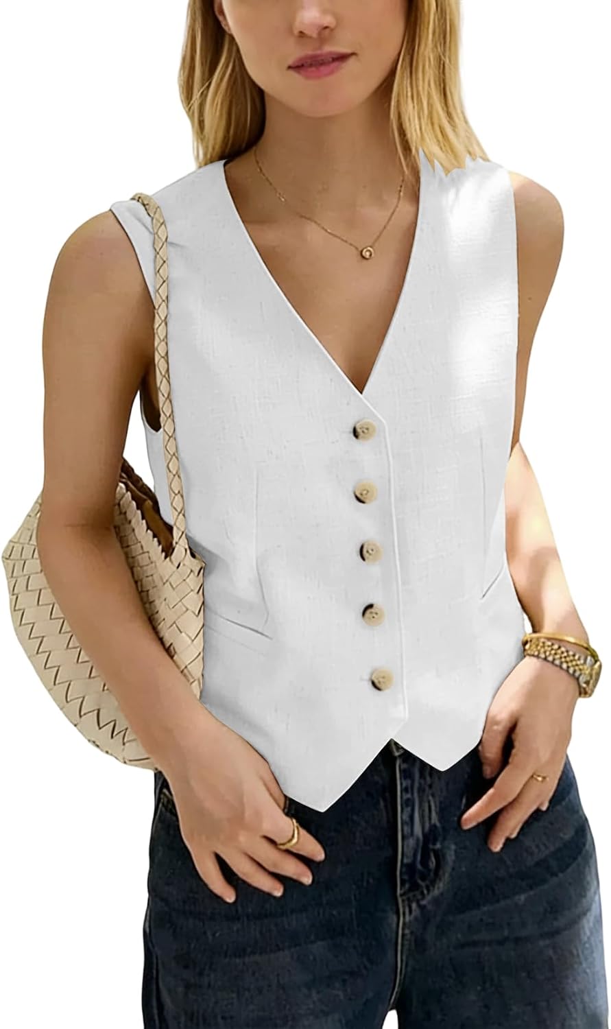 Womens Linen Vest Casual Sleeveless Blazer V Neck Lightweight Waistcoat