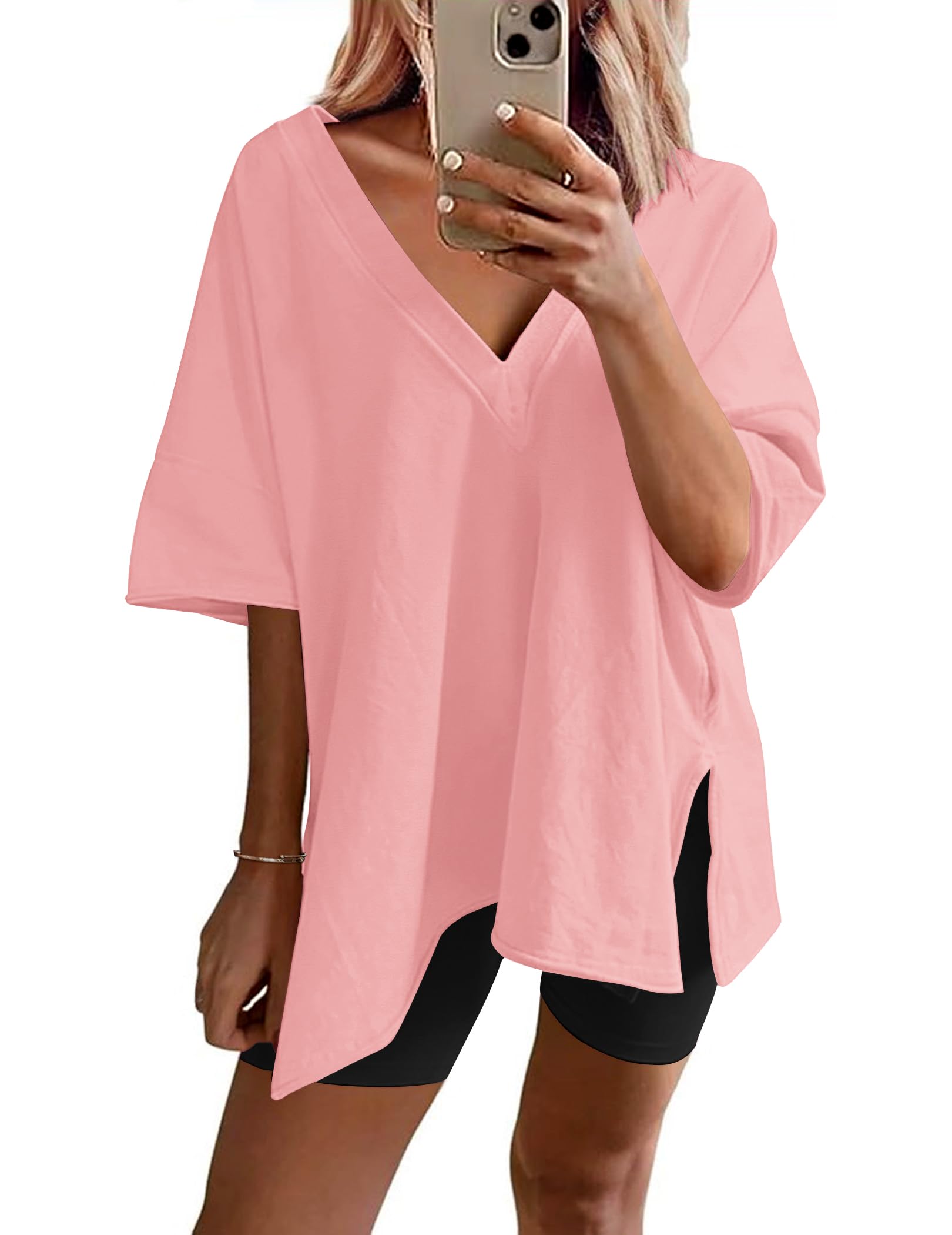 Ekouaer Womens Pajamas 2 Piece Lounge Sets Oversized V Neck T-Shirts Tops Biker Shorts Set Workout Reversible Tracksuit S-XXL